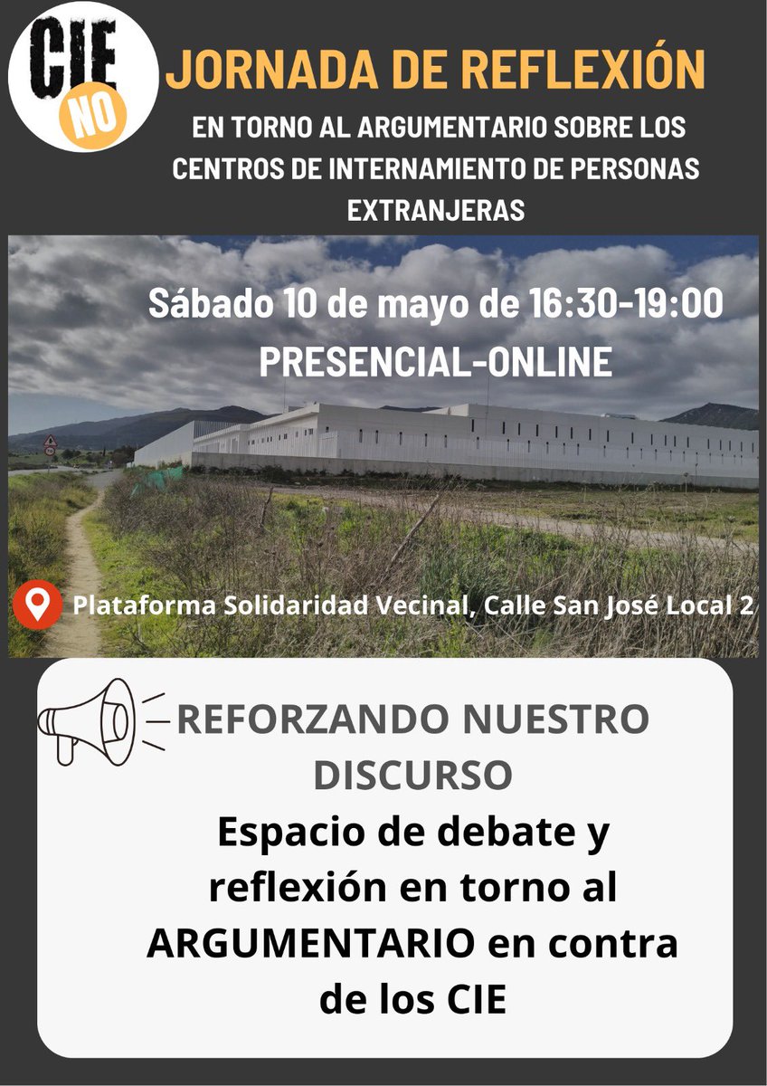 🚨🗣️Nos vemos este sábado, 10 de mayo, en el espacio de debate de la Jornada de Reflexión en torno al Argumentario en contra de los CIE⛓️‍💥🏢
🌆 Algeciras
🕞 Horario: 16:30 - 19:00 horas.