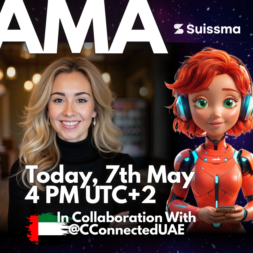 ⚡️ Missed our 1st AMA? ⚡️

Here’s your next chance. 

<a href="/RaphaHuber/">Raphaela</a> x <a href="/CConnectedUAE/">Crypto Connected UAE (Spaces+AMA)</a> 

🗓️ Wednesday, 07 May, 4:00 PM UTC+2
📍 Host: Crypto Connected UAE TG: t.me/Crypto_Connect…
💰 Community Reward: $100 USDT + $100 in $SUISS
👉 Join the AI movement TODAY!

💎 $SUISS on Uniswap:
