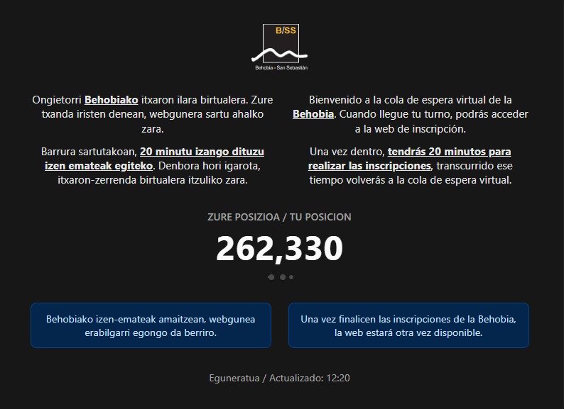 Ara mateix hi ha 262.330 persones fent cua per apuntar-se a la Behobia que, pels que no la conegueu, és una cursa de 20 km entre Behobia i Donostia que es celebra el 9 de novembre. Quina bogeria