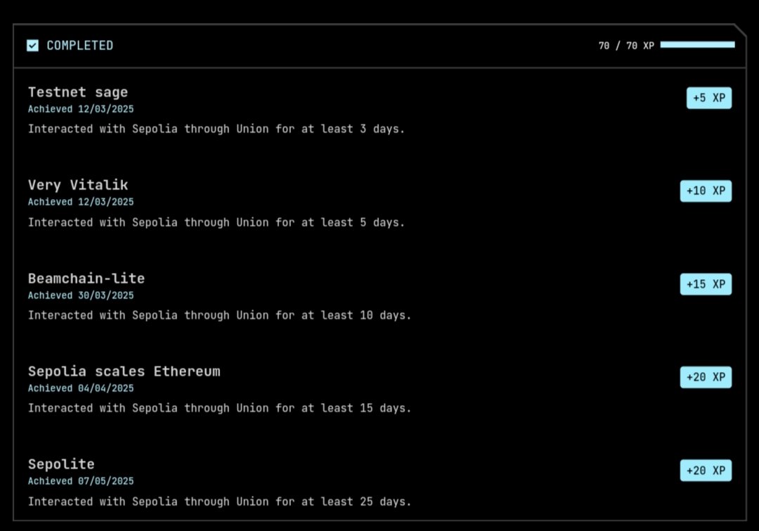 I have just completed the Sepolite achievement for interacting with sepolia on <a href="/union_build/">Union</a> Testnet V2....

Steadily grabbing those XPs.

Have you completed this very achievement too?

If No, how many days are left ?

Zkgm 0_____0
