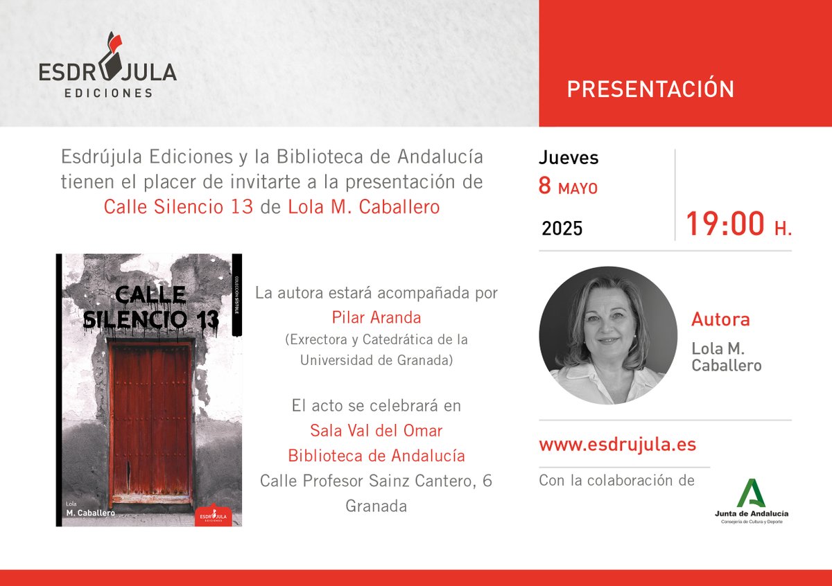 Biblioteca de Andalucía (@bibandalucia) on Twitter photo Mañana, Lola M. Caballero presenta «Calle Silencio 13» (<a href="/esdrujulaed/">Esdrújula Ediciones</a>), su primera novela inspirada en hechos ocurridos en su pueblo a principios del siglo pasado.
🗓️08/05, a las 19:00 horas.
💬Con la participación de Pilar Aranda y la autora.
ℹ️bibliotecasdeandalucia.es/web/biblioteca… Mañana, Lola M. Caballero presenta «Calle Silencio 13» (<a href="/esdrujulaed/">Esdrújula Ediciones</a>), su primera novela inspirada en hechos ocurridos en su pueblo a principios del siglo pasado.
🗓️08/05, a las 19:00 horas.
💬Con la participación de Pilar Aranda y la autora.
ℹ️bibliotecasdeandalucia.es/web/biblioteca…