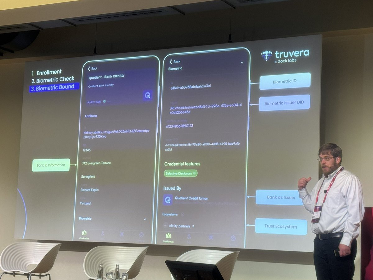 Great presentation by Richard Esplin of <a href="/dock_labs/">Dock Labs</a>, demonstrating combining verifiable credentials (#VCs) and biometrics together with holder binding, very cool!

Spotted a <a href="/cheqd_io/">cheqd.io 🆔</a> testnet #DID as part of the slides too! 😍🥰

#eic2025