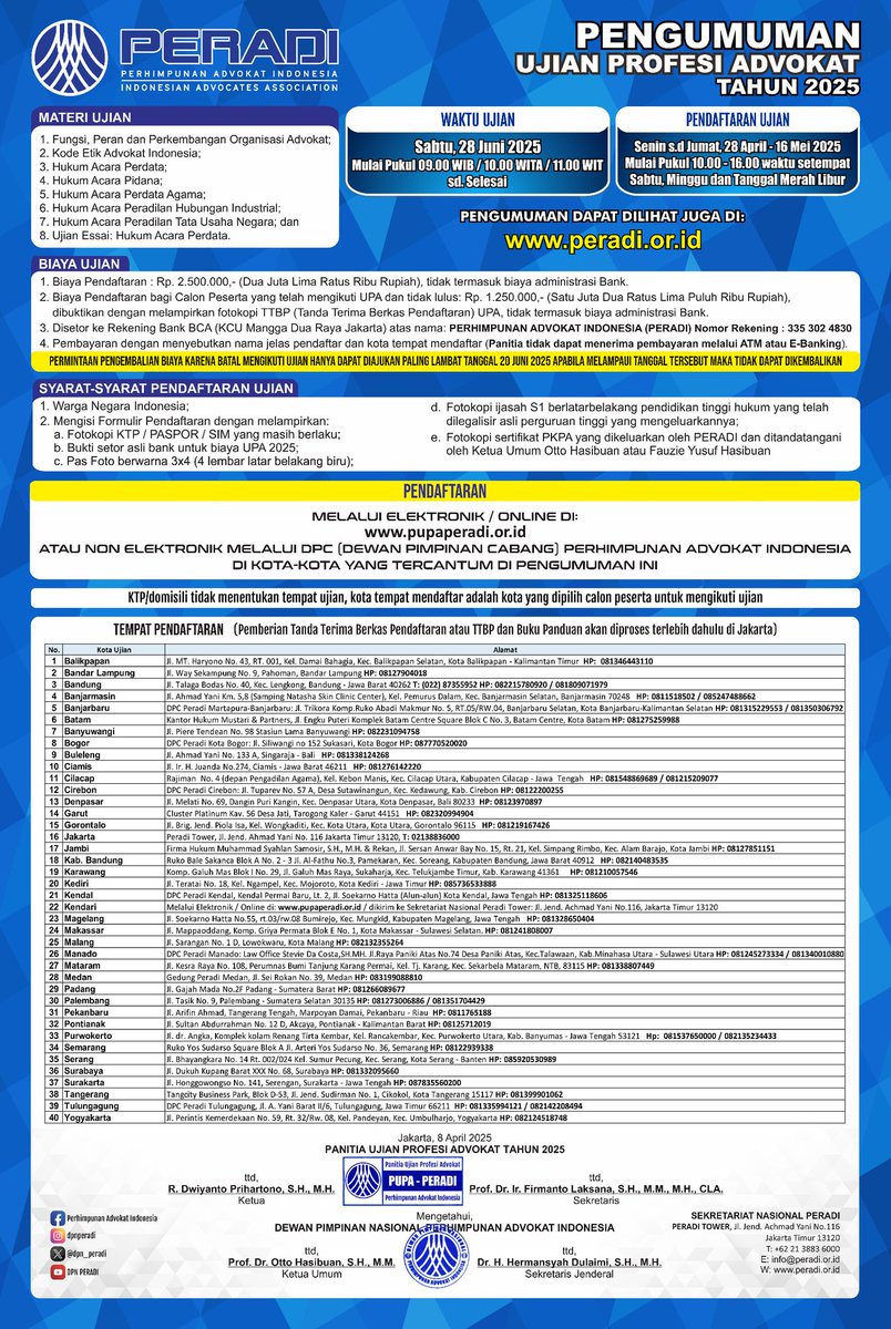Pengumuman Ujian Profesi Advokat Tahun 2025

Info selengkapnya: 
peradi.or.id/index.php/beri…

Pendaftaran ONLINE:
pupaperadi.or.id