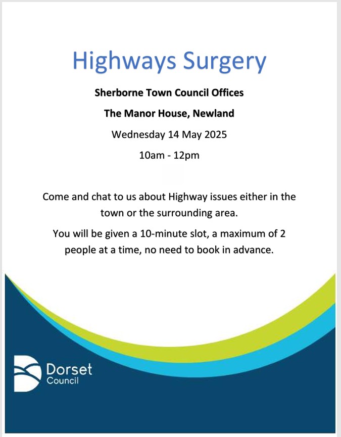 Sherborne Town Council (@sherbornetowncl) on Twitter photo The next Highways Surgery will take place at The Manor House, Newland between 10am & 12pm on Wed 14 May.
This is an opportunity to speak to a member of the <a href="/DorsetCouncilUK/">Dorset Council UK</a> Highways Team about any highways issues you have in the town or surrounding area.
#Sherborne #LoveSherborne The next Highways Surgery will take place at The Manor House, Newland between 10am & 12pm on Wed 14 May.
This is an opportunity to speak to a member of the <a href="/DorsetCouncilUK/">Dorset Council UK</a> Highways Team about any highways issues you have in the town or surrounding area.
#Sherborne #LoveSherborne