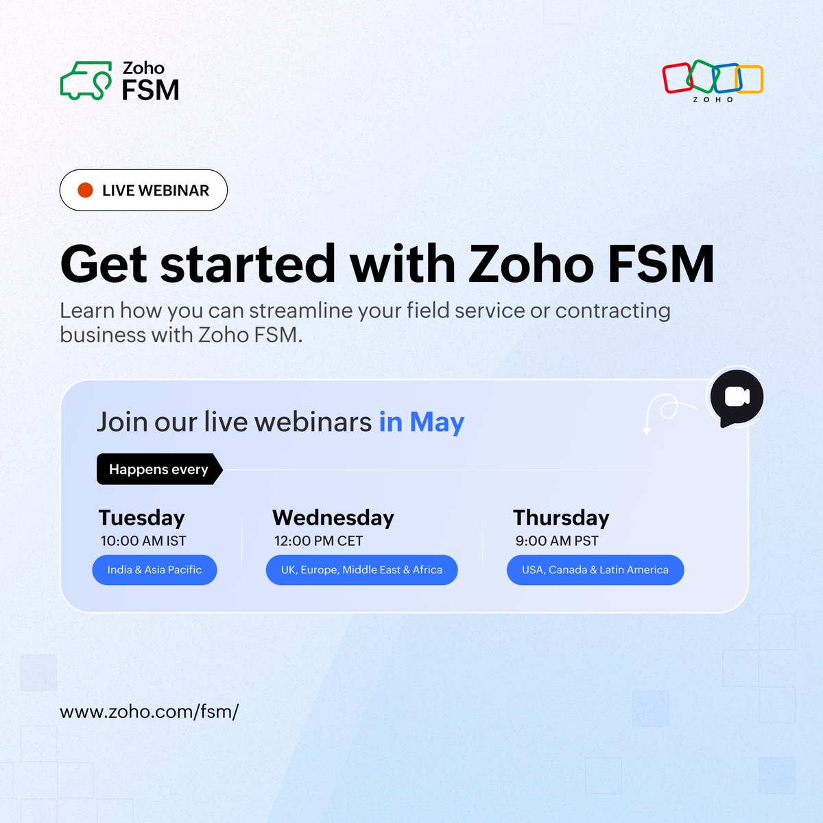 ZohoFSM's tweet image. Join us live this May for expert-led Zoho FSM webinars! Learn how Zoho FSM can help you bring structure to your service operations, automate routine tasks, simplify scheduling, and keep your team in sync—so you can focus on what matters most.
Register now: zurl.co/F76R5