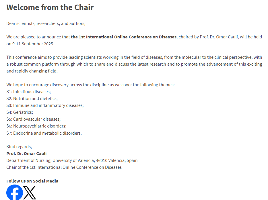 CESAPvalencia's tweet photo. The 1st International Online Conference on Diseases
From the Molecular to Clinical Perspectives
9–11 September 2025  REGISTRATION FREE @fip_uv @incliva_iis @Unibo @UniBarcelona @UV_EG @ICMol_UV  @VHIO @CSIC @MdpiMedicina @RecordatiRareES @Nutrients_MDPI 
https://t.co/r8AZOKM8Nv https://t.co/IoD3jJu9jX