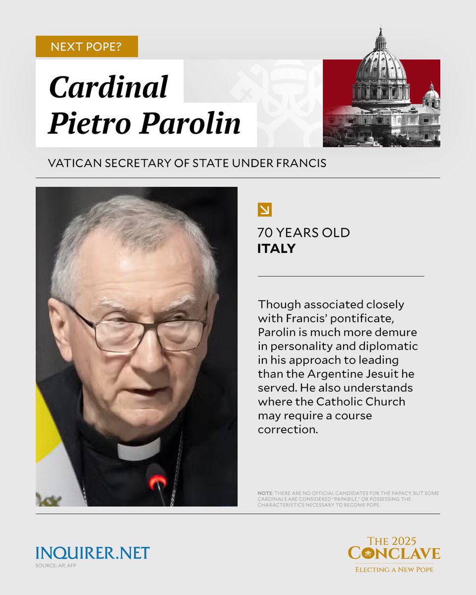 inquirerdotnet's tweet photo. Cardinal Pietro Parolin, the Vatican secretary of state under Francis, is considered one of the leading candidates for the papacy. #INQExplains

• Follow live updates on the #Conclave: https://t.co/v7XlpwYLAp https://t.co/NSmoboqmmC