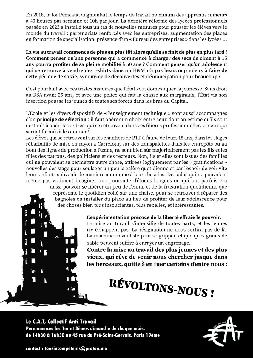LE TRAVAIL TUE, REFUSONS-LE ! 
- A propos de la mort au travail du jeune Lorenzo - 

"Contre la mise au travail des plus jeunes et des plus vieux, qui rêve de venir nous chercher jusque dans les berceaux, quitte à en tuer certains d’entre nous :
Révoltons-nous !"