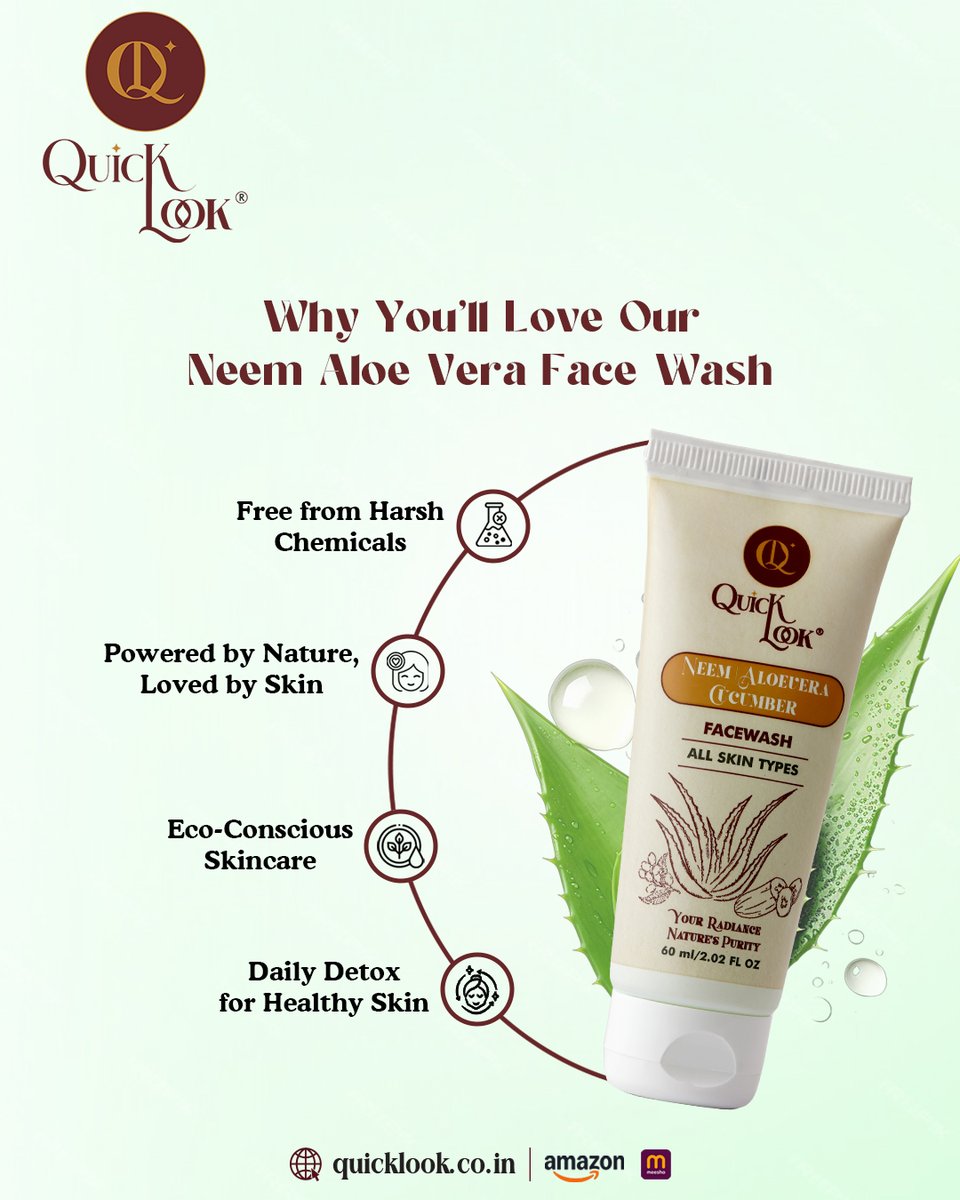 _quicklook_'s tweet image. 💚 Why You’ll Love Our Neem, Aloe Vera &amp;amp; Cucumber Face Wash

🛒 Shop now at quicklook.co.in or find us on Amazon &amp;amp; Meesho!

#quicklook #naturalfacewash #aloeverafacewash #skincarethatworks #gentlecleansing #skincareroutine #neemaloevera #ecoskincare #glownaturally