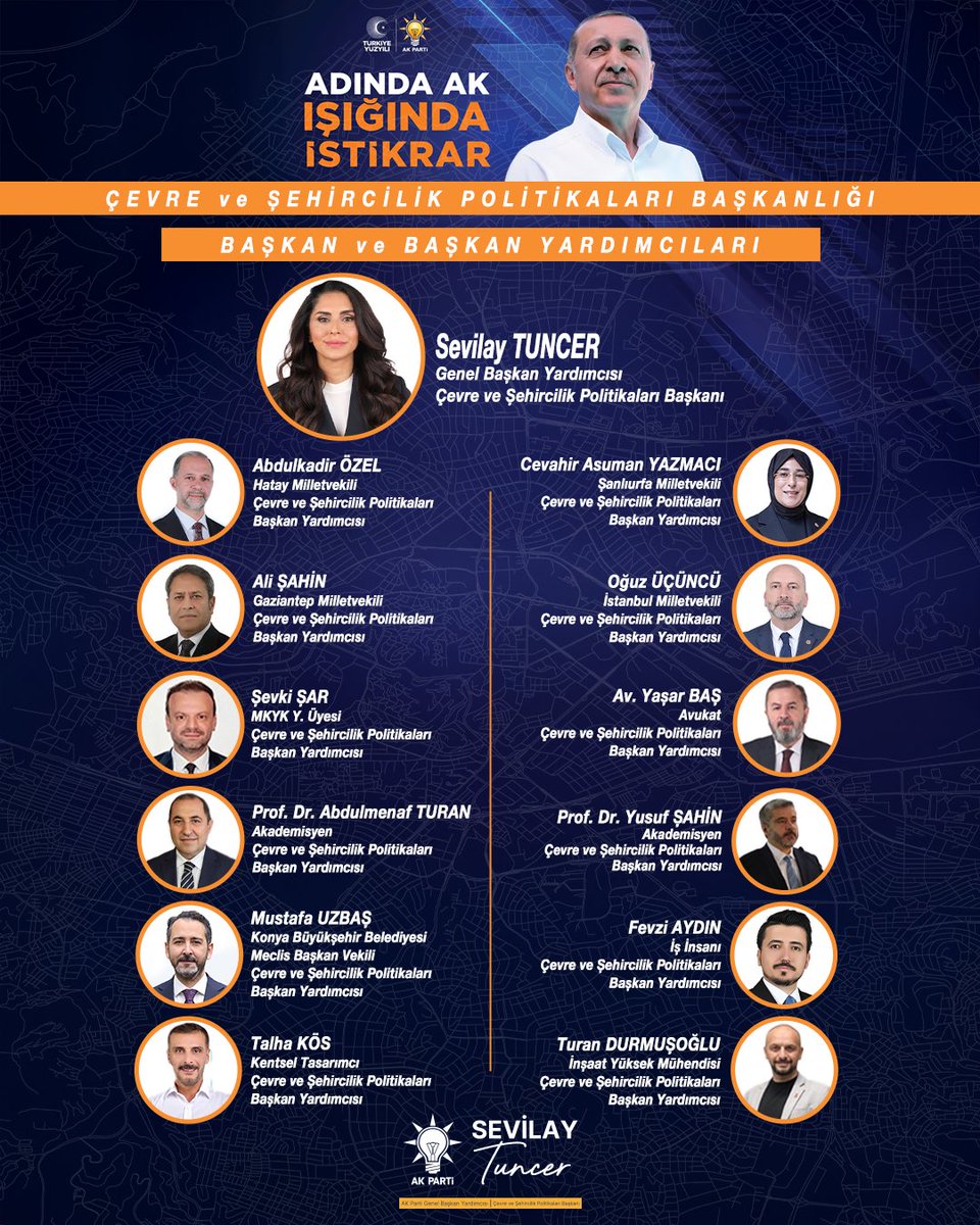 Cumhurbaşkanımız ve Genel Başkanımız Sayın Recep Tayyip Erdoğan’ın tensipleriyle görev alan Çevre ve Şehircilik Politikaları Başkan Yardımcılarımızı gönülden tebrik ediyor, başarılar diliyorum. 

Kıymetli çalışma arkadaşlarımızla çevre ve şehircilik alanında, medeniyetimizden