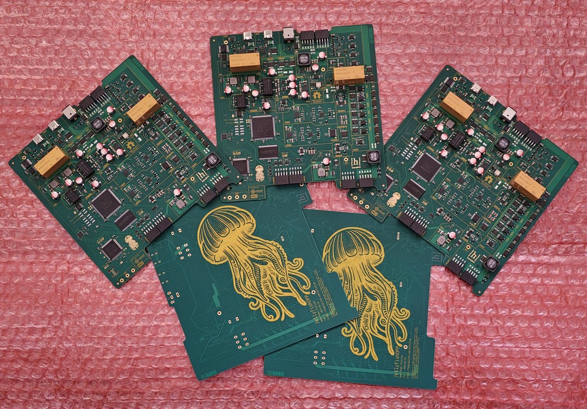Fresh Jellyfish, straight from the oven. Yellow silkscreen on the matte green PCB looks awesome!