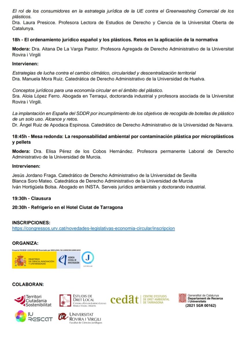 📆 El jueves 15 de mayo a las 16 h os invitamos a asistir al seminario NOVEDADES LEGISLATIVAS Y RETOS EN TORNO A LA ECONOMÍA CIRCULAR. ESPECIAL REFERENCIA A LOS PLÁSTICOS en el Campus Catalunya de la <a href="/universitatURV/">Universitat Rovira i Virgili</a> 👇congressos.urv.cat/novedades-legi…
