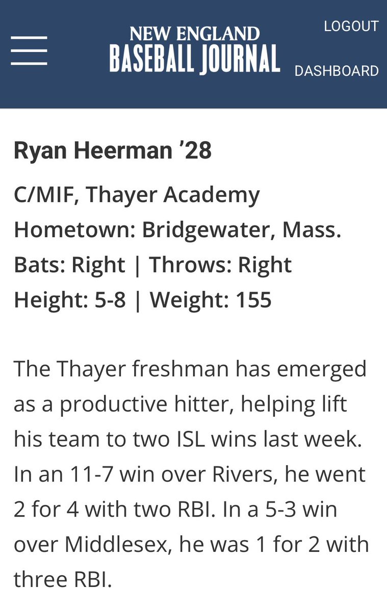 Ryan Heerman (@heermanryan) on Twitter photo Thanks <a href="/NE_Baseball/">NE Baseball Journal</a> and <a href="/Dan_Guttenplan/">Dan Guttenplan</a> for the mention in this week’s ISL Report. Excited to contribute to the team’s wins last week. Looking forward to finishing the season strong and heading to the playoffs with momentum. <a href="/J_Pierce6/">Jim Pierce</a>, <a href="/BostonPrimebb/">Prime Baseball</a>, <a href="/coachSMcCarthy/">bigsteve0905</a> Thanks <a href="/NE_Baseball/">NE Baseball Journal</a> and <a href="/Dan_Guttenplan/">Dan Guttenplan</a> for the mention in this week’s ISL Report. Excited to contribute to the team’s wins last week. Looking forward to finishing the season strong and heading to the playoffs with momentum. <a href="/J_Pierce6/">Jim Pierce</a>, <a href="/BostonPrimebb/">Prime Baseball</a>, <a href="/coachSMcCarthy/">bigsteve0905</a>