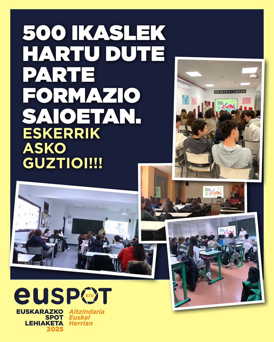 500 ikaslek hartu dute parte formazio saioetan.

Aurten ere antolakuntzak ikus-entzunezko publizitatearen gaineko ordu beteko formazioak eskaini ditu Euskal herriko ikastetxeetan, spot egileen harrobia indartzeko asmotan. 

Eskerrik asko parte hartu duzue guztioi!