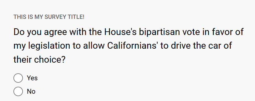 So. . . <a href="/RepKiley/">Rep. Kevin Kiley</a> is in favor of choice . . . just not our reproductive choices.  He's touting his role in "allowing" Californians to drive the car of their choice, but doesn't support the right of women to make decisions about their bodies. Hypocrisy 101. 
#KickOutKiley