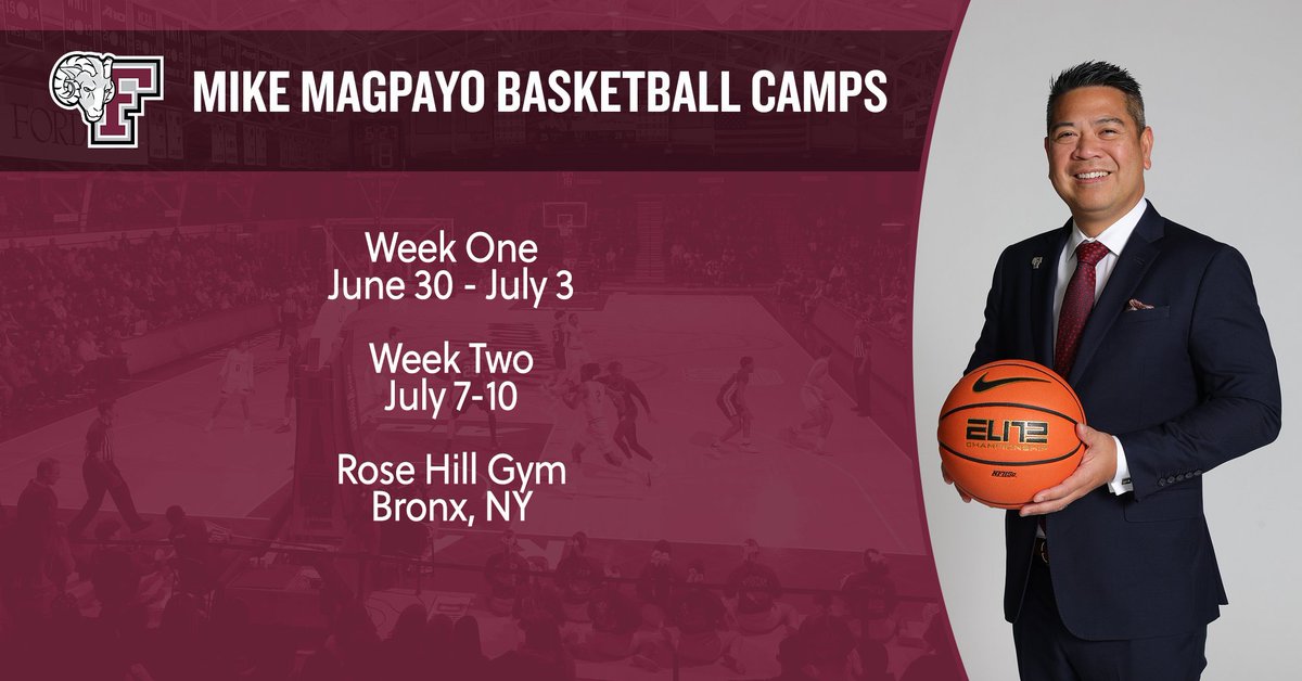 Fordham Basketball (@fordhammbb) on Twitter photo Dates announced for this summer's Mike Magpayo Basketball Camps
Four days of instruction for boys and girls of all skill levels ages 5-13
Register now at the link below ⬇️
tinyurl.com/4tmhatru Dates announced for this summer's Mike Magpayo Basketball Camps
Four days of instruction for boys and girls of all skill levels ages 5-13
Register now at the link below ⬇️
tinyurl.com/4tmhatru