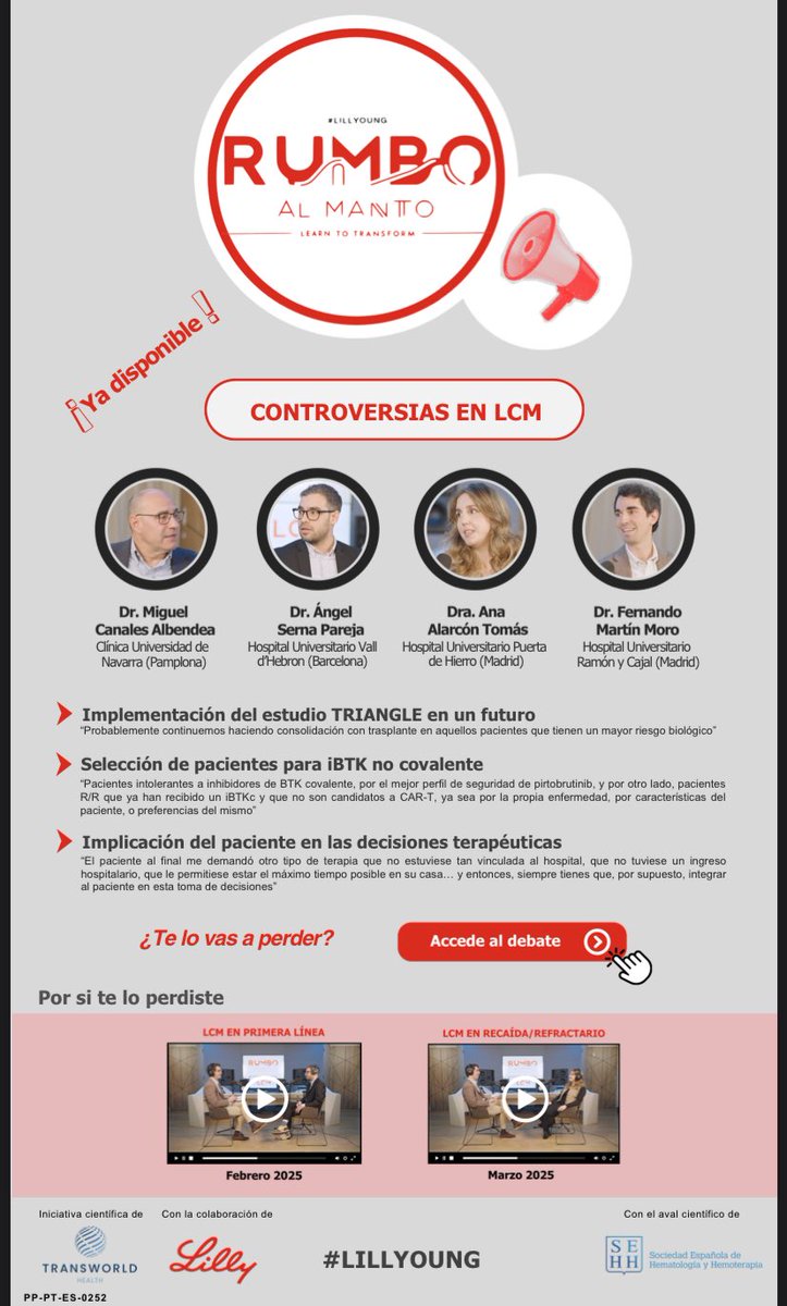Fernando Martín Moro (@fer_martinmoro) on Twitter photo ¡Ya disponible la última mesa de debate!
Controversias en #linfoma del manto con <a href="/DrMCanales/">Miguel Canales</a> <a href="/asernapareja/">Ángel Serna</a> y <a href="/AnaAlarconTomas/">Ana Alarcon Tomas</a>, dentro del proyecto Rumbo al Manto <a href="/EliLillyandCo/">Eli Lilly and Company</a> @transworldedit
Con el aval científico de <a href="/sehh_es/">@sehh_es</a>
🔊 transworldeditors.com/rumbo-al-manto ¡Ya disponible la última mesa de debate!
Controversias en #linfoma del manto con <a href="/DrMCanales/">Miguel Canales</a> <a href="/asernapareja/">Ángel Serna</a> y <a href="/AnaAlarconTomas/">Ana Alarcon Tomas</a>, dentro del proyecto Rumbo al Manto <a href="/EliLillyandCo/">Eli Lilly and Company</a> @transworldedit
Con el aval científico de <a href="/sehh_es/">@sehh_es</a>
🔊 transworldeditors.com/rumbo-al-manto