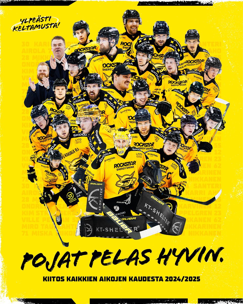 Liiga_SaiPa's tweet photo. 𝐊𝐈𝐈𝐓𝐎𝐒 𝐊𝐀𝐈𝐊𝐊𝐈𝐄𝐍 𝐀𝐈𝐊𝐎𝐉𝐄𝐍 𝐊𝐀𝐔𝐃𝐄𝐒𝐓𝐀! 💛🖤

#SaiPa #Liiga #YlpeästiKeltamusta #YhdessäVahvempia https://t.co/N2NMGXY1Ri