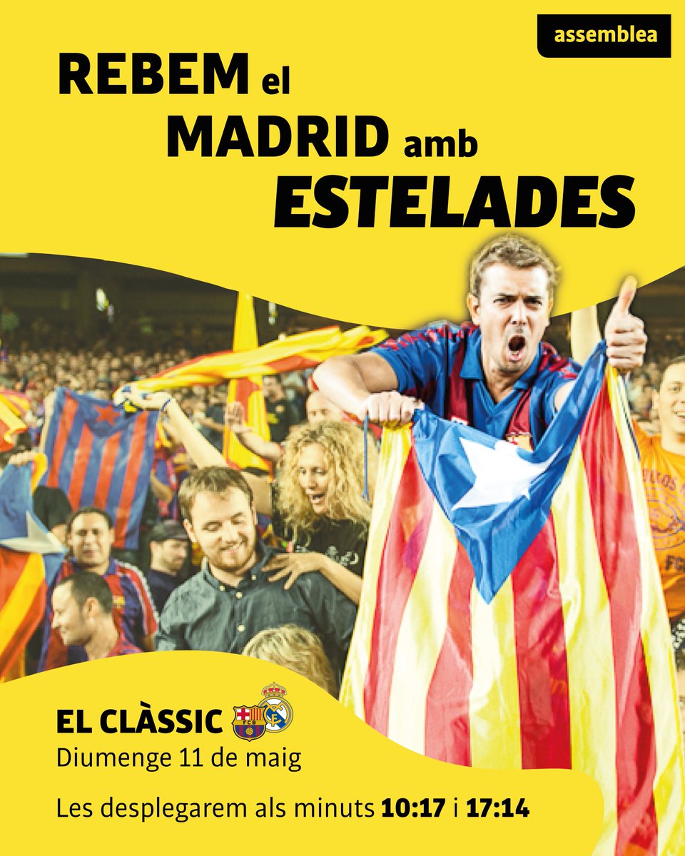 ⬛️⬜️ Rebem el Madrid amb estelades!

Aquest diumenge a les 16:15 hi ha clàssic a l’Estadi Olímpic Lluís Companys.

Mig món hi estarà pendent. Nosaltres també. Hi som i continuem lluitant per la independència!