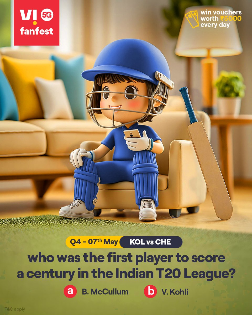 Cricky is testing your cricket IQ 🏏💡
Comment #Vi5Gfanfest with the right answers to all 5 questions today and stand a chance to win vouchers worth ₹5,000 🎟️✨🏆
.
.
#ChallengeAlert #WinPrizes #Quiz #ParticipateAndWin #KOLvsCHE #Kolkata #Chennai