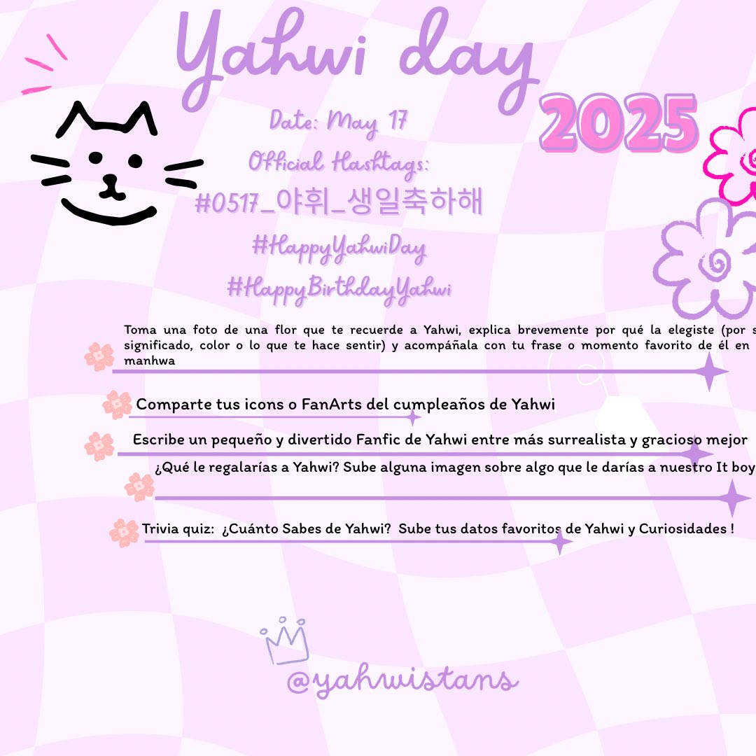 Yahwi Day is here! 🐈‍⬛🪻
Let’s celebrate the global star on May 17 (KST) — May 16 for the Americas &amp; evening of May 16 in Europe (CEST).
We’ve prepared some fun activities for you! 🎉
Don’t forget and use the hashtags!
#HappyYahwiDay #0517_야휘_생일축하해 @studiozzu <a href="/ZZIN_BAM/">ZZINBAM</a>