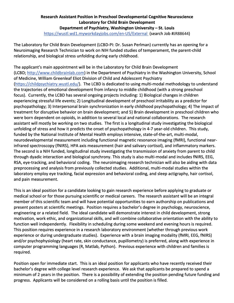 SusanBPerlman's tweet image. Happy to announce that my lab was able to reopen our research assistant position. This is an idea job for those interested in developmental cognitive neuroscience who would like to attend graduate school or medical school. Please share widely!