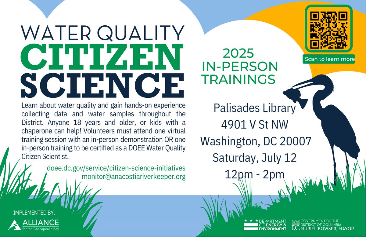 Join <a href="/AllianceForBay/">Alliance For The Bay</a> in person on July 12th!  Learn about water quality and gain hands on experience collecting data and water samples throughout the District.

🗓️ July 12th
⏲️ 12:00 pm to 2:00 pm
📍Palisades Library, 4901 V St NW
🎫 RSVP: docs.google.com/forms/d/e/1FAI…