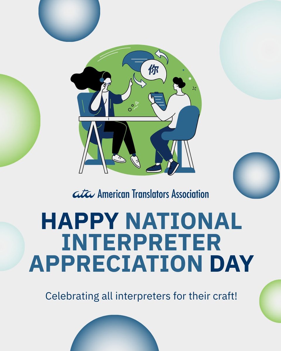 Happy National Interpreter Appreciation Day to all interpreters out there! 🎉👏 We see your diligence, and we thank you for your dedication! 

Check out ATA's Interpreter Division at atanet.org/division/inter…!

#NationalInterpreterAppreciationDay #Interpreter #LanguageServices #1nt