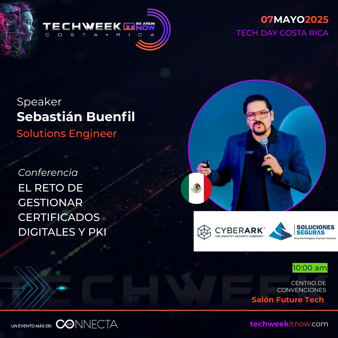 🔐 Hoy en #TechWeekCR no te pierdas la charla de Sebastián Buenfil de <a href="/CyberArk/">CyberArk</a> : "El reto de gestionar certificados digitales y PKI". Aprende a automatizar la renovación de certificados y evitar interrupciones críticas.🕚11:10 a.m. en el Salón Future Tech techweekitnow.com