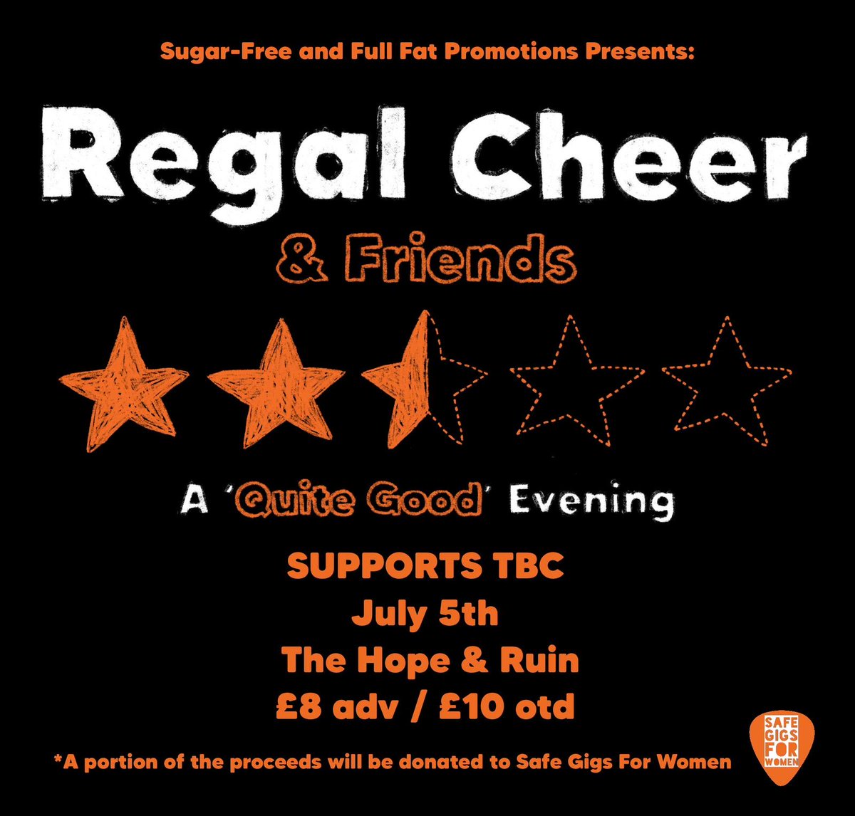 NEW SHOW! We're teaming up with Full Fat &amp; <a href="/regalcheer/">Regal Cheer</a> to bring you A 'Quite Good' Evening. Come &amp; celebrate the release of their latest LP with a big fat party <a href="/thehopeandruin/">The Hope & Ruin</a> on Sat 5th July! Oh, and go get the album if you haven't already.

Tickets: bit.ly/regalcheer_btn