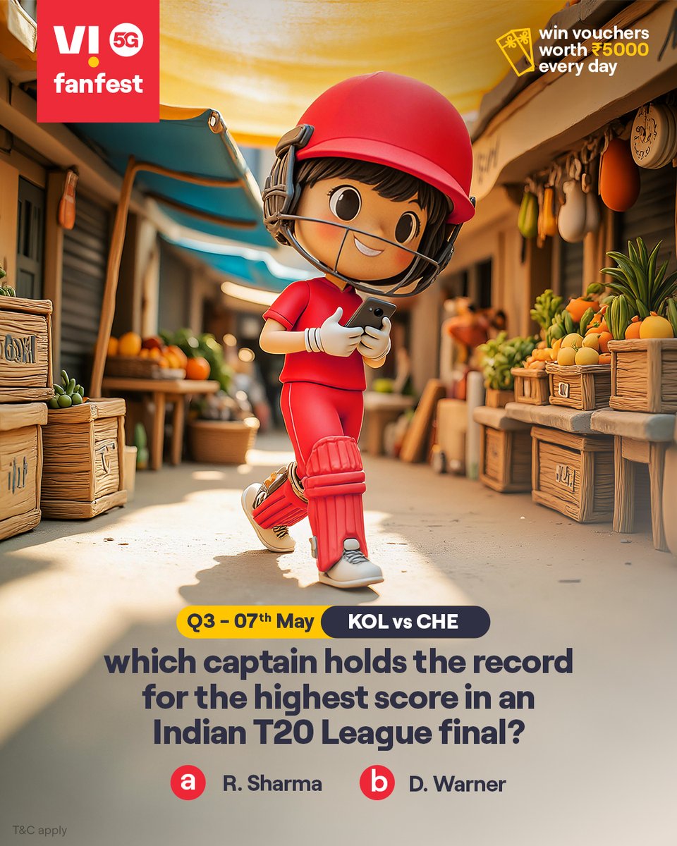 Cricky is testing your cricket IQ 🏏💡
Comment #Vi5Gfanfest with the right answers to all 5 questions today and stand a chance to win vouchers worth ₹5,000 🎟️✨🏆
.
.
#ChallengeAlert #WinPrizes #Quiz #ParticipateAndWin #KOLvsCHE #Kolkata #Chennai