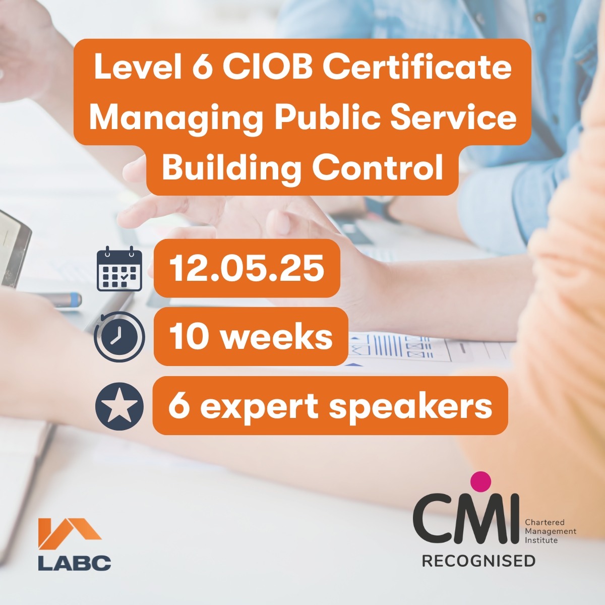 Last chance to enrol for these LABC level 6 qualifications starting next week!

Level 6 CIOB Certificate - SASG and Other Public Events Qualification: ow.ly/IcQV50VOBJV
 
Level 6 CIOB Certificate - Managing Public Service Building Control:  ow.ly/jrMv50VOBJS
