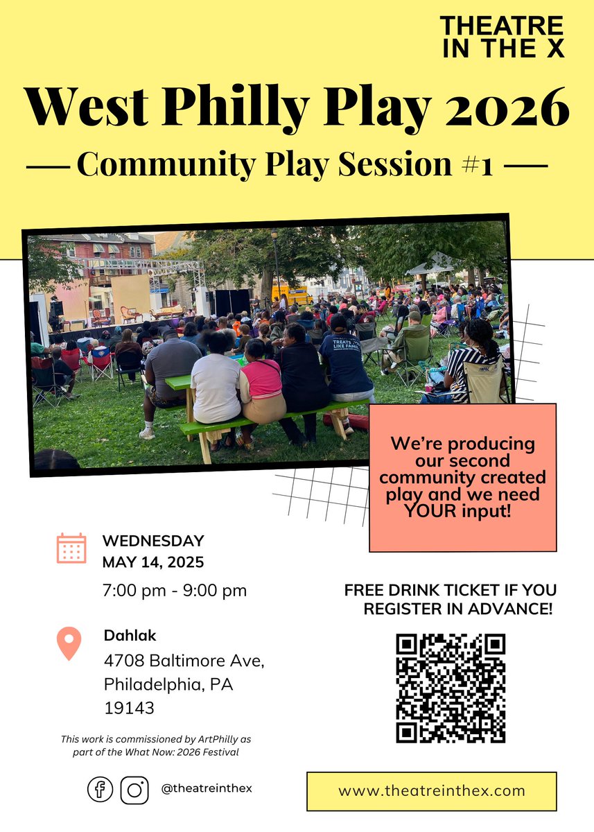 We're embarking on our 2nd community created play process and we can't create this piece without YOU! Join us May 14th at Dahlak from 7pm to 9pm for the first Community Play Session. Register and more info: theatreinthex.com/west-philly-20…