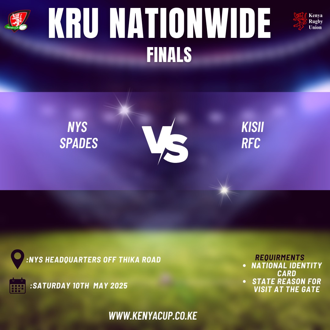 As we prepare for the #KRUNationwide finals featuring NYS Spades vs. Kisii RFC, here’s what you need to know for a smooth experience:

• Venue: NYS Headquarters, off Thika Road near Survey area. If driving, use the Muthaiga exit.
• Entry: Carry your National ID, state your