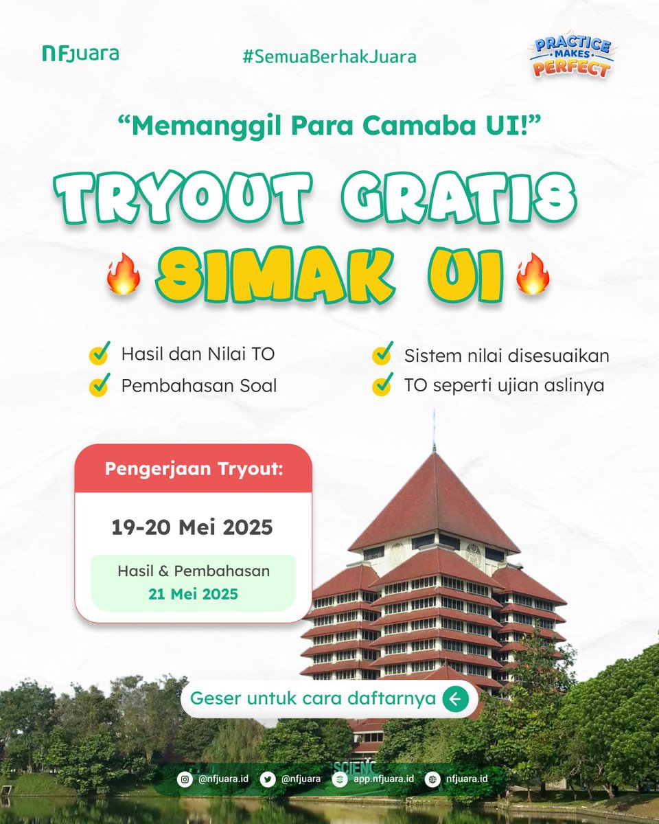 nfjuara's tweet image. 📢 TO GRATIS SIMAK UI 2025 untuk Pejuang PTN!

Amunisi gratisss dari NF Juara buat kamu pelajar kelas 12 SMA/Gapyear yang lagi ngambis untuk persiapan ujian mandiri. Gasss, ajakin juga bestie kamu yang lain!

Cek cara daftarnya di bawah yaaa👇

#simakui #tryoutsimakui