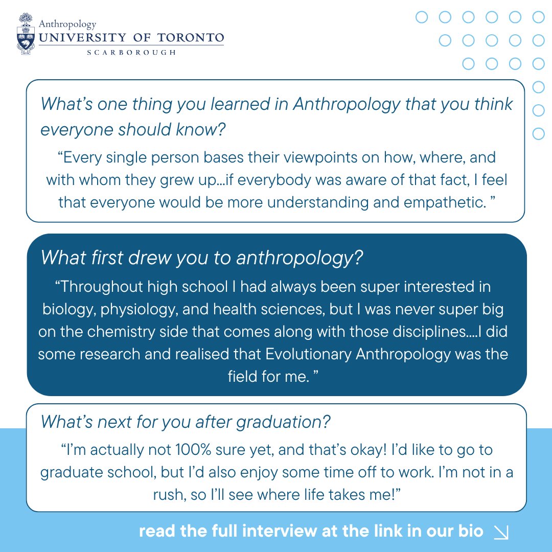Meet 3rd year Evolutionary Anthropology student Claire Skuja! 

Check out our website for more student profiles: utsc.utoronto.ca/anthropology/s…