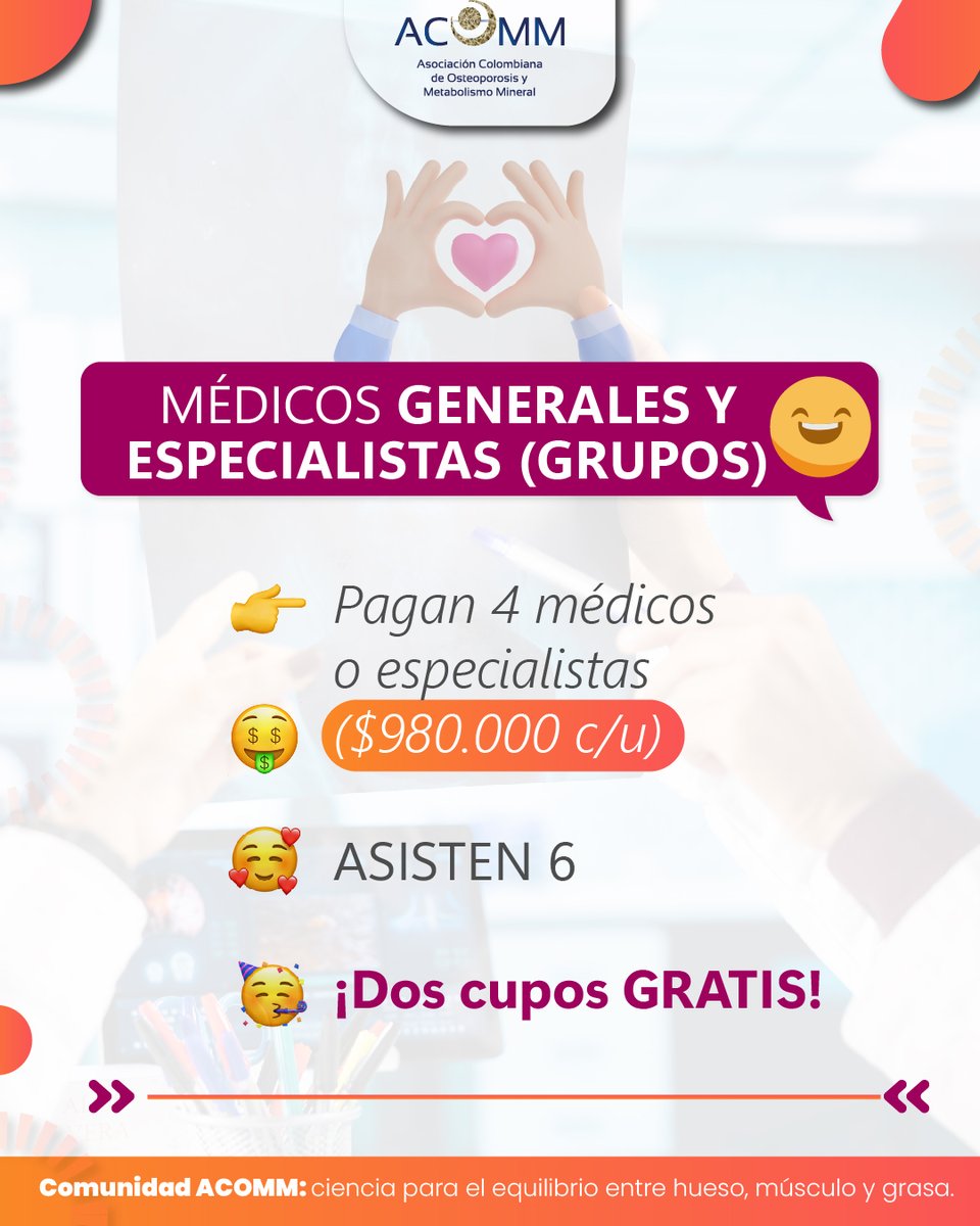 ¿Te imaginas compartir con tus amigos y, además, aprender juntos? Arma un grupo con ellos, paga el valor de cuatro inscripciones y recibe otras dos gratis, ACOMM las invita.

Inscríbete en grupo en bit.ly/densitometriaC… y aprovecha esta gran oportunidad. 

#ACOMM #educación