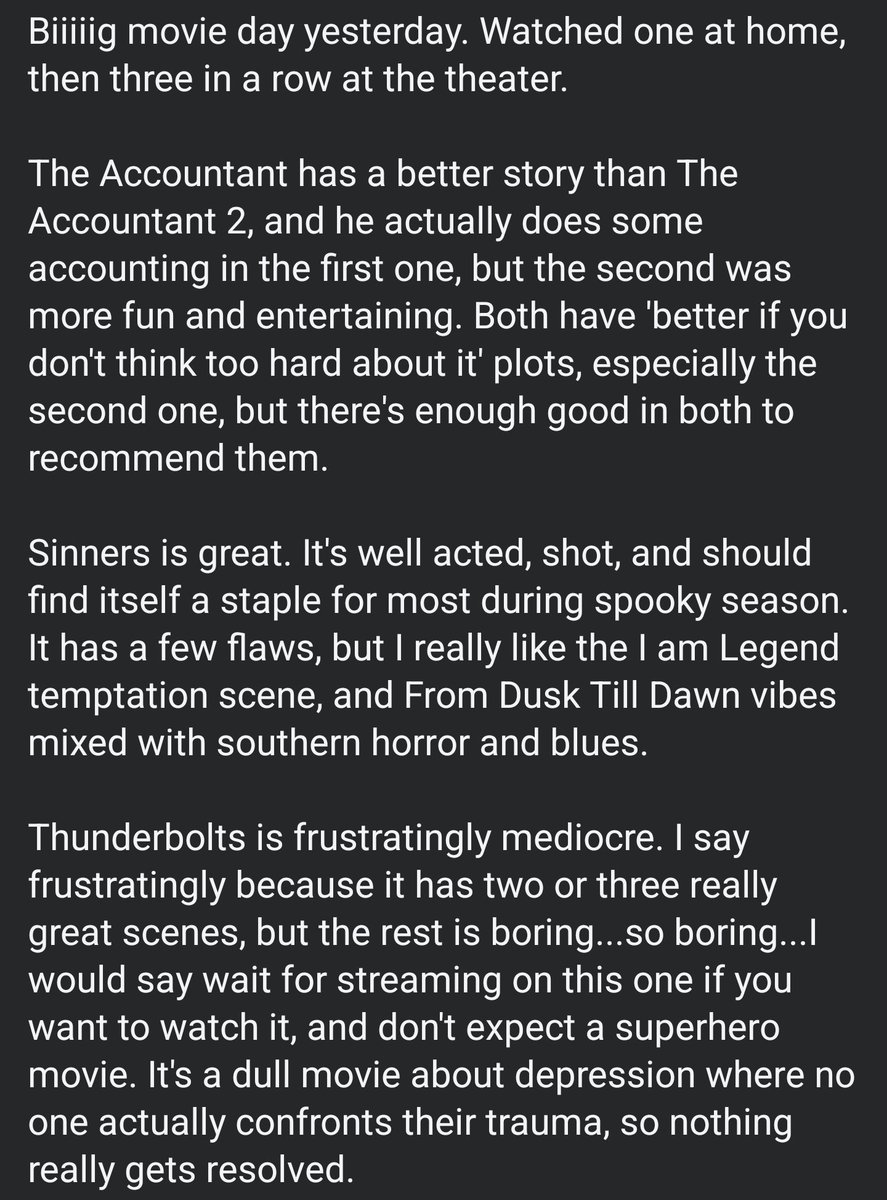 #Thunderbolts #Sinners #accountant2

Also, <a href="/Disney/">Disney</a> <a href="/MarvelStudios/">Marvel Studios</a>, give Coogler the Blade movie, $125 million, a heavy R rating, and then leave...him...alone.