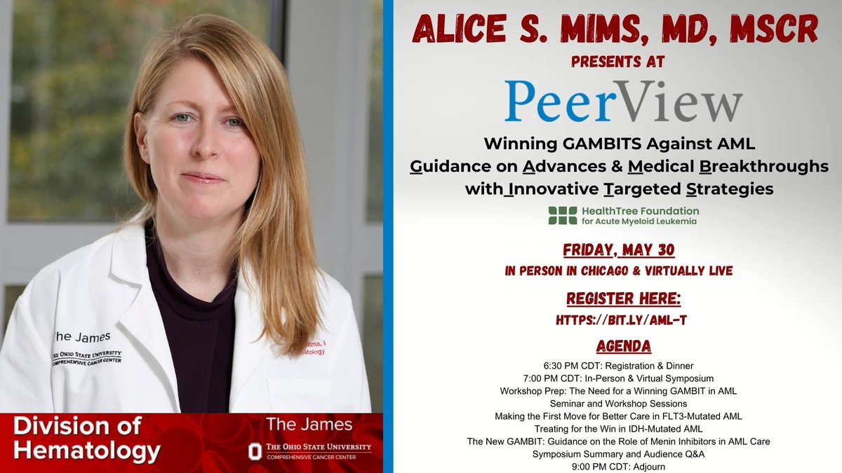 Ohio State Hematology (@osuhematology) on Twitter photo Excited to share that Alice Mims, MD, MSCR will be presenting alongside <a href="/Daver_Leukemia/">Naval Daver, M.D.</a> & <a href="/jaltmanmd/">Jessica Altman, MD</a> for <a href="/PeerView/">PeerView</a> /<a href="/HealthTree/">HealthTree Foundation</a> AML session on May 30!
Catch her live in Chicago or virtually at #ASCO25.
Don’t miss it: bit.ly/AML-T
#hematology #AML Excited to share that Alice Mims, MD, MSCR will be presenting alongside <a href="/Daver_Leukemia/">Naval Daver, M.D.</a> & <a href="/jaltmanmd/">Jessica Altman, MD</a> for <a href="/PeerView/">PeerView</a> /<a href="/HealthTree/">HealthTree Foundation</a> AML session on May 30!
Catch her live in Chicago or virtually at #ASCO25.
Don’t miss it: bit.ly/AML-T
#hematology #AML