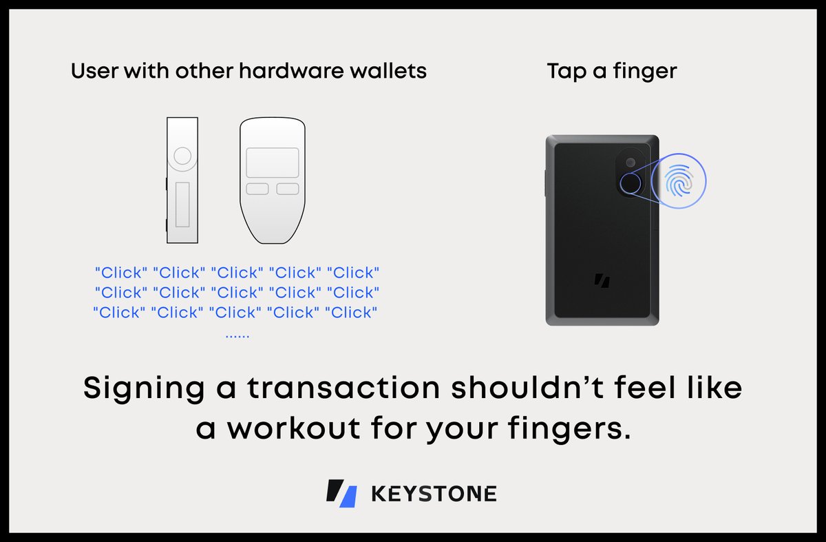KeystoneWallet's tweet photo. Why fumble with a hardware wallet that turns signing a transaction into finger torture? 🥲
Tap into effortless security and smooth signing with Keystone 3 Pro 😎
Ditch the clunky UX & #ChooseKeystone3Pro ✨ https://t.co/BXUMPQPDfP