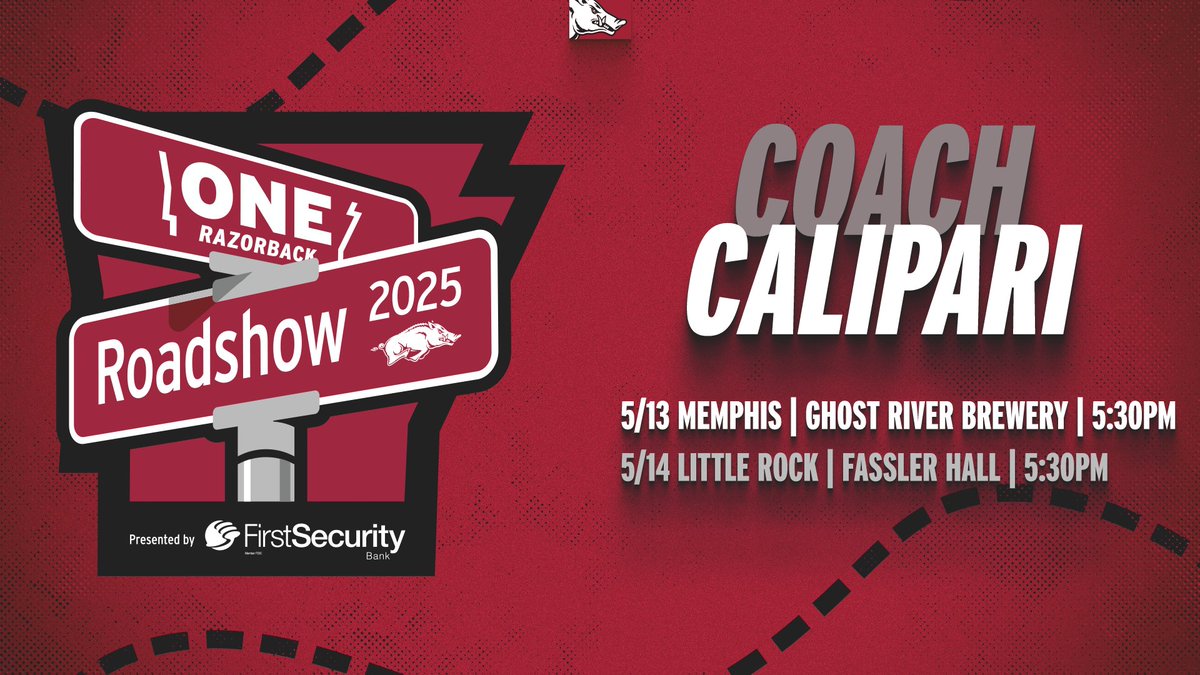 Arkansas Razorbacks Men’s Basketball 🐗 (@razorbackmbb) on Twitter photo It's roadshow season! You can catch <a href="/CoachCalArk/">John Calipari</a> in Memphis and Little Rock next week.
Secure your tickets: bit.ly/4d9xNAX It's roadshow season! You can catch <a href="/CoachCalArk/">John Calipari</a> in Memphis and Little Rock next week.
Secure your tickets: bit.ly/4d9xNAX