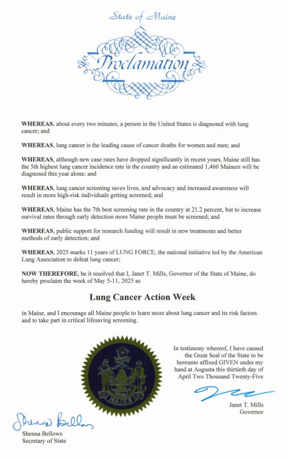 Boucher (@lboucher77) on Twitter photo Thank you <a href="/GovJanetMills/">Governor Janet Mills</a> for proclaiming Lung Cancer Action Week in Maine & acknowledging the important work of the <a href="/LungAssociation/">American Lung Association</a>'s <a href="/LUNGFORCE/">LUNG FORCE</a> initiative
Let’s turn Maine turquoise & take action to raise awareness, fund research, and support those impacted. #TurquoiseTakeover Thank you <a href="/GovJanetMills/">Governor Janet Mills</a> for proclaiming Lung Cancer Action Week in Maine & acknowledging the important work of the <a href="/LungAssociation/">American Lung Association</a>'s <a href="/LUNGFORCE/">LUNG FORCE</a> initiative
Let’s turn Maine turquoise & take action to raise awareness, fund research, and support those impacted. #TurquoiseTakeover