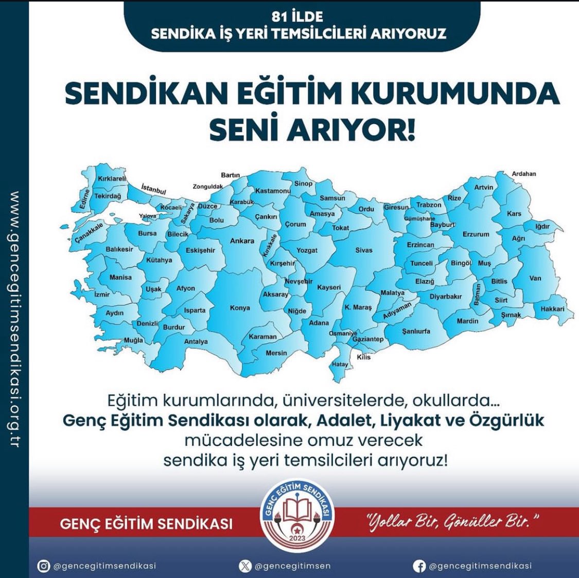 Genç Eğitim Sendikası olarak büyüyen ailemizde senin de yerin olsun!
Eğitim kurumlarında sendikal mücadeleyi birlikte yürütmek, meslektaşlarımızın haklarını savunmak ve daha adil bir çalışma hayatı kurmak için işyeri temsilcileri arıyoruz.

Eğer ilkeli duruşa, siyasetsiz ve tam
