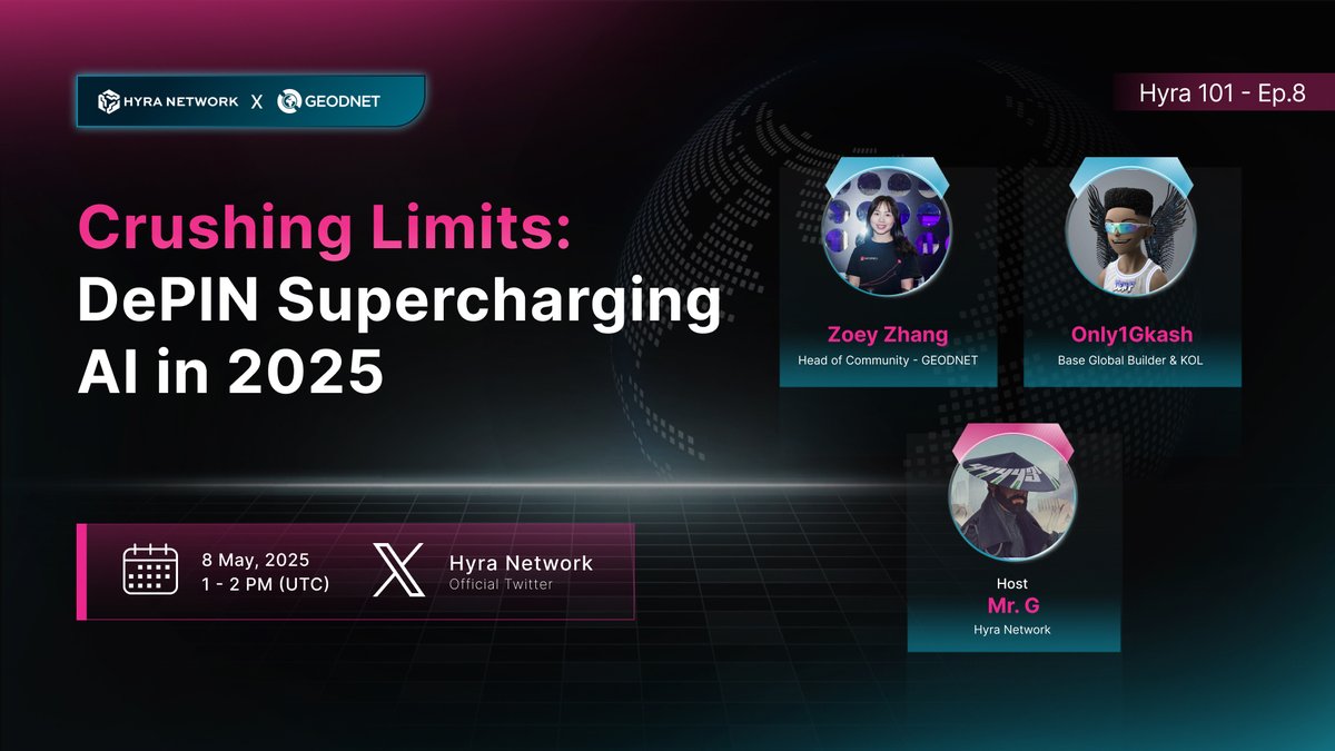hyranetwork's tweet image. 🚨 AMA Hyra 101- Ep.8 🚨

Dive into how decentralized infrastructure is supercharging real-world AI - straight from the minds of leading builders in our upcoming AMA session.

Here is the deets:
⏱️Time: 13:00 UTC | 8 May 2025
🔥Venue: x.com/i/spaces/1vOGw…
🫡Topic: Crushing