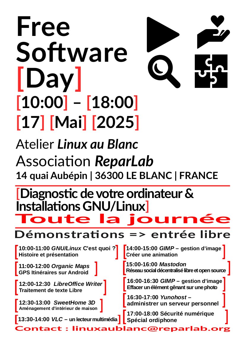 fsf's tweet image. There&apos;s almost twenty #LibreLocal #meetups scheduled, including one in #LeBlanc, #France! fsf.org/events/communi… #FreeSoftware #FSF40