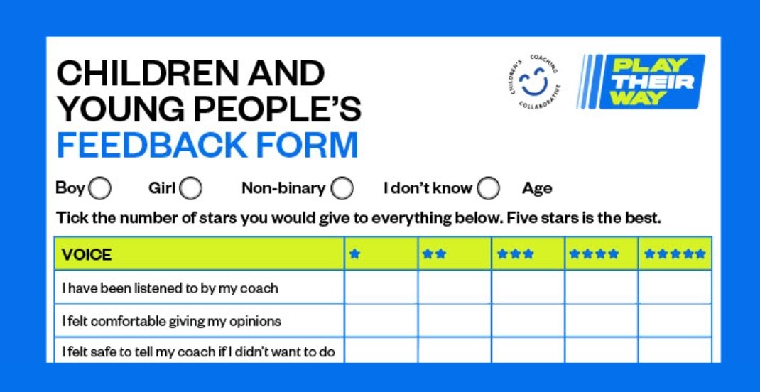 💬 It can be hard for young people to tell their coaches how they really feel. 

🤩 That's why we adapted this feedback form from @ProfLauraLundy - it's a great place to start to open up a two way conversation with the children. 

Download for free here: bit.ly/434POtq