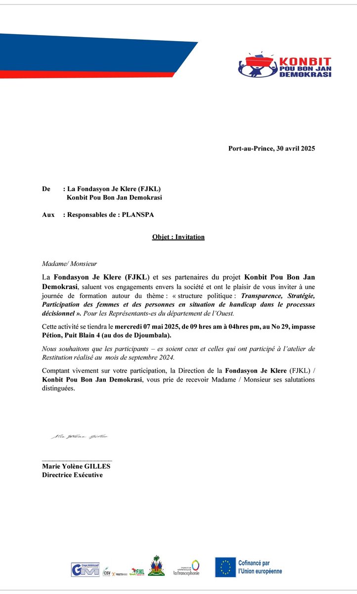 PATIPLANSPA's tweet photo. Participation des Cadres du Parti PLANSPA @PATIPLANSPA à la journée de formation organisée par Fondasyon Je Klere (FJKL) de Marie Yolène Gilles, ce mercredi 07 mai 2025, de 9h à 16h, au No 29, impasse Pétion, Puit Blain, Delmas 75. https://t.co/wohKaWXRpm