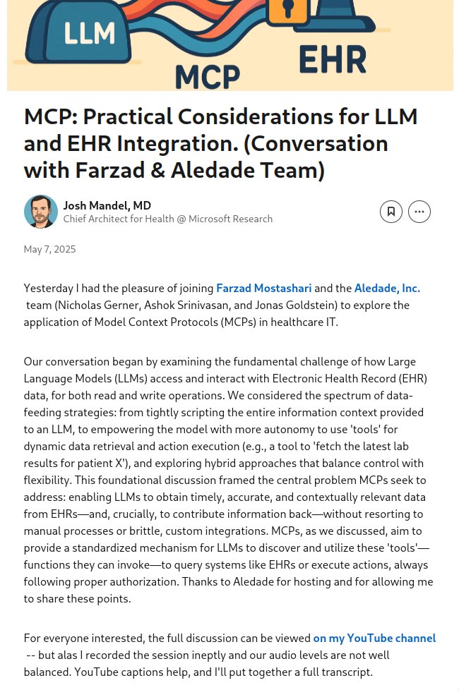 JoshCMandel's tweet image. Great discussion with @Farzad_MD and the Aledade, Inc. team on applying Model Context Protocols (MCPs) for LLM-EHR interaction! We touch on data access, authorization &amp;amp; the future of AI in healthcare. Full writeup + YouTube link in thread...