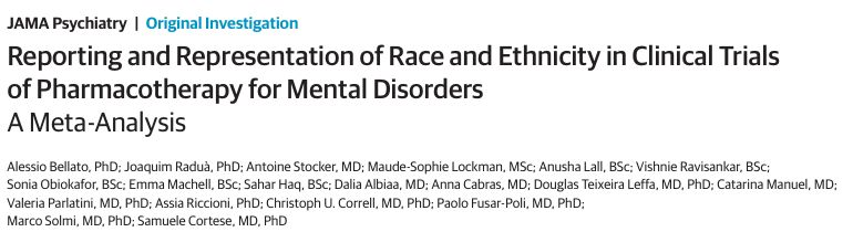 "How are race and ethnicity reported and represented across randomized clinical trials (RCTs) of pharmacotherapies for mental disorders?" 

Check our paper just published in <a href="/JAMAPsych/">JAMA Psychiatry</a>!

jamanetwork.com/journals/jamap…