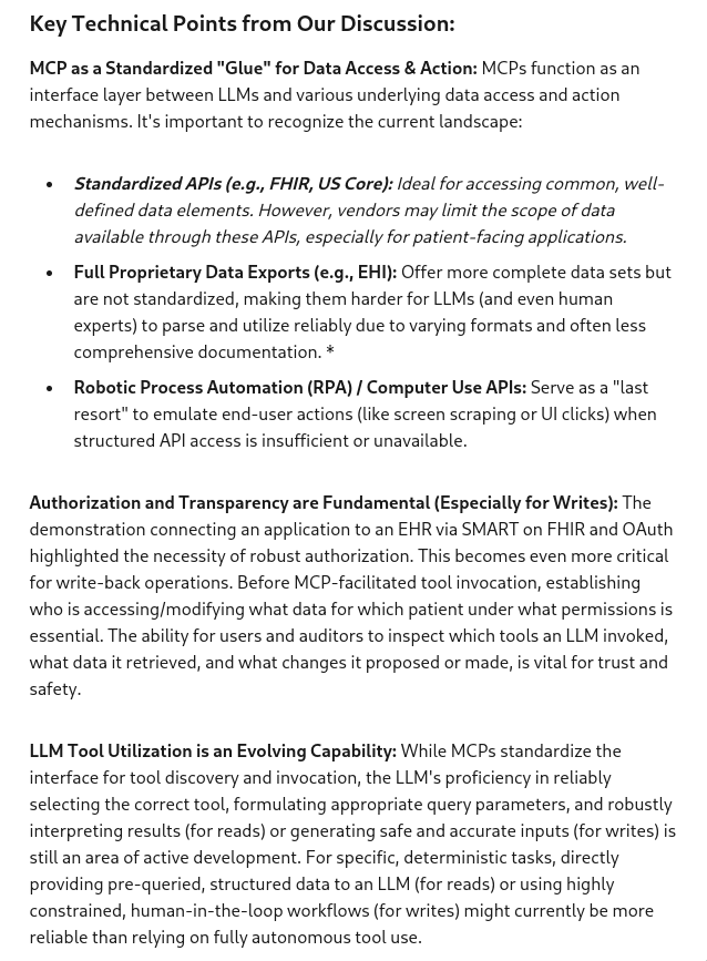 JoshCMandel's tweet image. Great discussion with @Farzad_MD and the Aledade, Inc. team on applying Model Context Protocols (MCPs) for LLM-EHR interaction! We touch on data access, authorization &amp;amp; the future of AI in healthcare. Full writeup + YouTube link in thread...